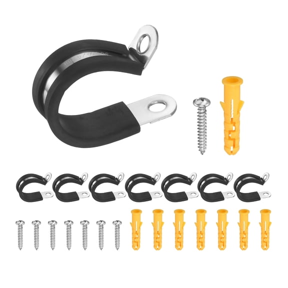 Uxcell 15Pcs 24mm(0.94") Cable Clamps, 304 Stainless Steel R-Type Double Rivet Rubber Cushioned Insulated Hose Clamp, Pipe Conduit Strap Holder Clips for Tube, Wire Cord Installation