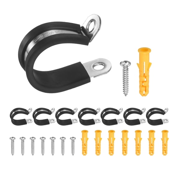 Uxcell 15Pcs 25mm(0.98") Cable Clamps, 304 Stainless Steel R-Type Double Rivet Rubber Cushioned Insulated Hose Clamp, Pipe Conduit Strap Holder Clips for Tube, Wire Cord Installation