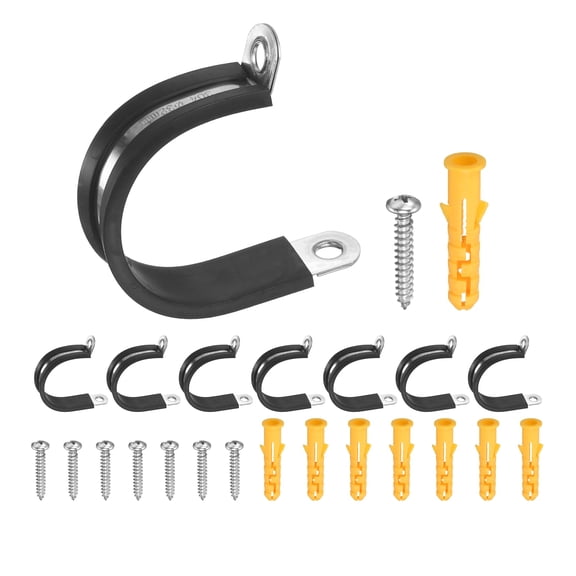 Uxcell 15Pcs 32mm(1.26") Cable Clamps, 304 Stainless Steel R-Type Double Rivet Rubber Cushioned Insulated Hose Clamp, Pipe Conduit Strap Holder Clips for Tube, Wire Cord Installation