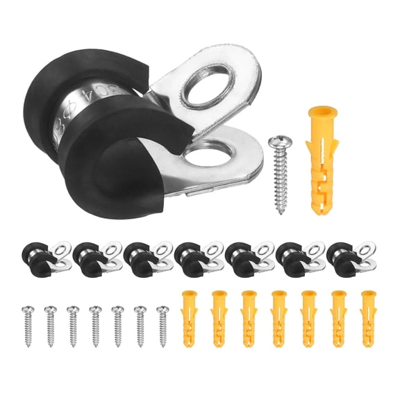 Uxcell 15Pcs 8mm(0.31") Cable Clamps, 304 Stainless Steel R-Type Double Rivet Rubber Cushioned Insulated Hose Clamp, Pipe Conduit Strap Holder Clips for Tube, Wire Cord Installation