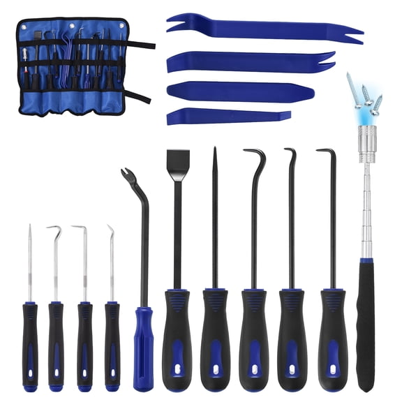 Uxcell 15Pcs Hook and Pick, Straight Head Magnetic Pickup Tool Plastic Pry Pieces Large Small Hook Short Pry Bar Gasket Scraper for Remove Hoses Gaskets Car Panel Fastener, Blue