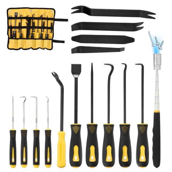 Uxcell 15Pcs Hook and Pick, Straight Head Magnetic Pickup Tool Plastic Pry Pieces Large Small Hook Short Pry Bar Gasket Scraper for Remove Hoses Gaskets Car Panel Fastener, Yellow