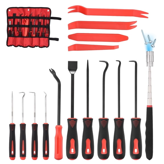 Uxcell 15Pcs Hook and Pick, Straight Head Magnetic Pickup Tool Plastic Pry Pieces Large Small Hook Short Pry Bar Gasket Scraper for Remove Hoses Gaskets Car Panel Fastener, Red