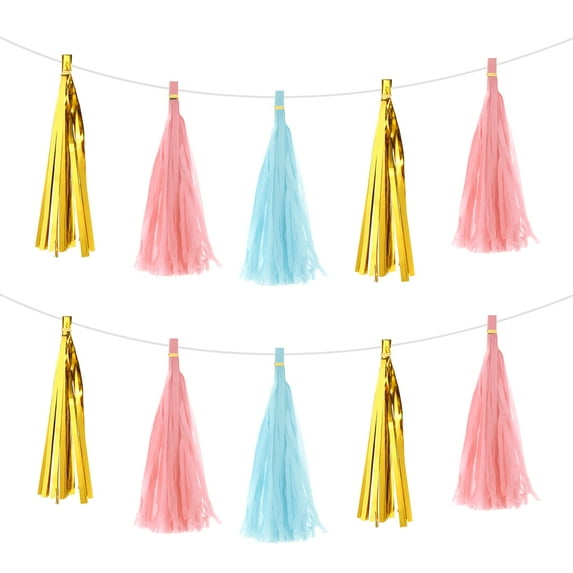 Uxcell 15Pcs Light Blue,Light Pink,Gold Tassel Garland Banner w Rope for Wedding Birthday Party Decoration