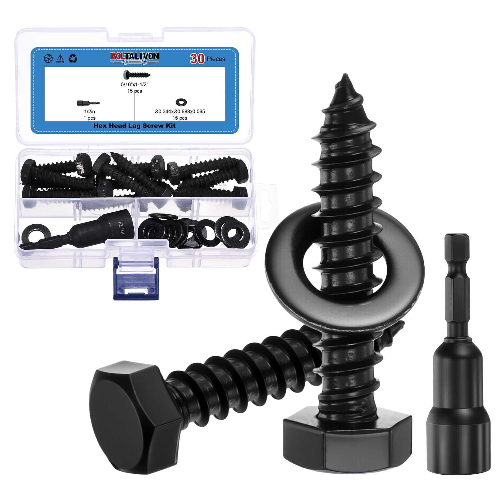 Uxcell 15Set Hex Head Lag Screw - 5/16"x1-1/2" Stainless Steel 18-8 (304) Lag Bolt Hexagon Head Heavy Duty Wood Screw Kit with Washer & Driver Bit for Wood, Deck, Fence, Furniture, Black