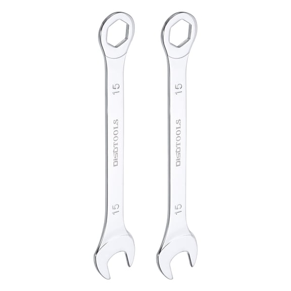 Uxcell 15mm 6-Point Thin Combination Wrench Double Ended Box and Open End Chromes Plated Steel, Silver 2Pcs