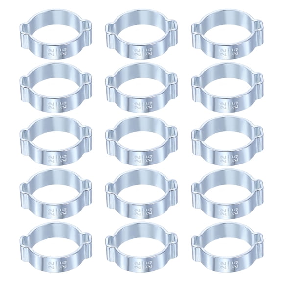 Uxcell 15pcs Double Ear Hose Clamp 22-25 mm Galvanized Steel Hose Clamp Double Ear O Clips Crimp Rings for Fuel Line Pipe Tube Fitting Connections, Silver