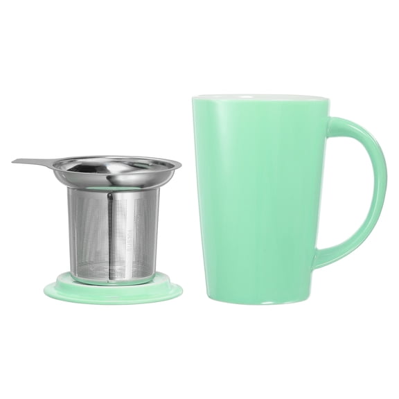 Uxcell 16.2 oz Porcelain Tea Cup with Infuser and Lid for Loose Leaf Tea and Coffee, Light Blue