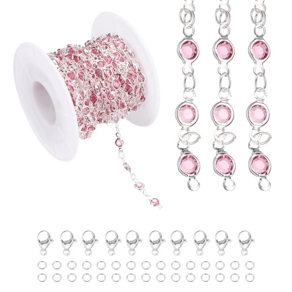 Uxcell 16.4Ft Rhinestone Chain Roll, Jewelry Making Chain Links Bulk with Lobster Claps Jump Rings for Jewelry Making Findings DIY Craft Necklace Bracelets, Silver Tone(Pink)