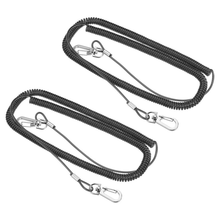 Uxcell 16.4ft Heavy Spring Fishing Coiled Lanyard Extension Cord Tether  with Metal Clip, Black 2Pack 