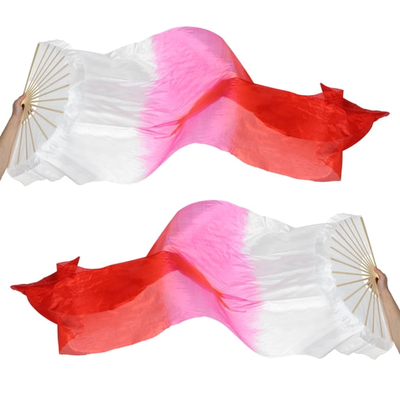 Uxcell 16 Fan Belly Dance Silk Fan Veil 47", 1 Pair (Left+Right) Women Long Folding Dance Fan Wood Fan for Dance Performance, White Rose Bright Red