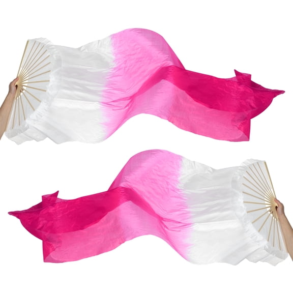 Uxcell 16 Fan Belly Dance Silk Fan Veil 71", 1 Pair (Left+Right) Women Long Folding Dance Fan Wood Fan for Dance Performance, White Pink Rose