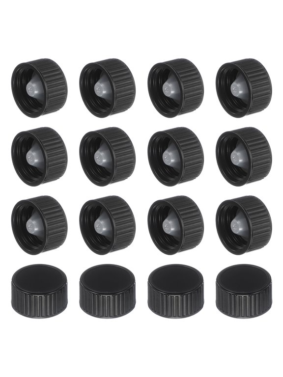 16 Pcs Phenolic Resin Cover, 20mm Poly Seal Screw Caps Plastic Replacement Bottle Caps Thread Plastic Lids for Chemicals Food Cosmetics Bottles, Black