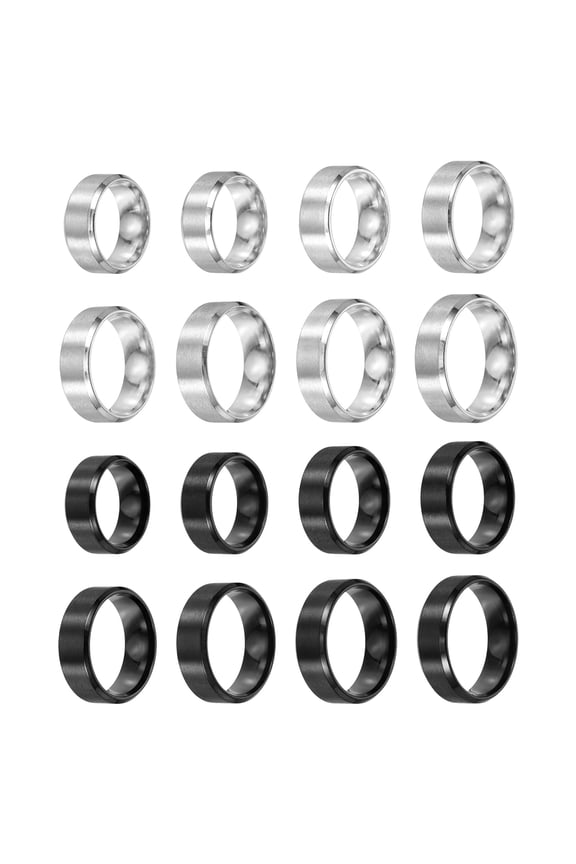 16 Pcs Stainless Steel Ring, 8 mm Plain Ring Blanks Size 6/7/8/9/10/11/12/13 Matte Brushed Wedding Bends for Men Women, Black/Silver