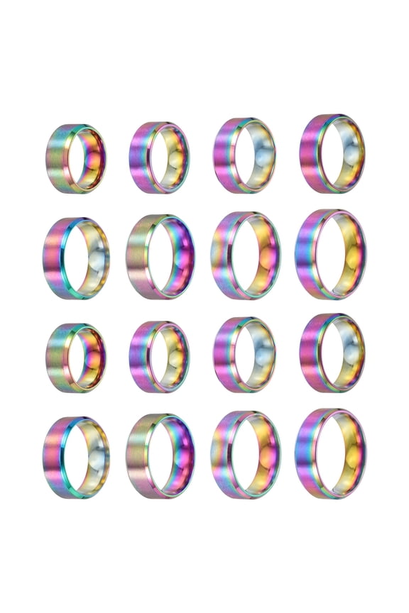 16 Pcs Stainless Steel Ring, 8 mm Plain Ring Blanks Size 6/7/8/9/10/11/12/13 Matte Brushed Wedding Bends for Men Women, Colorful