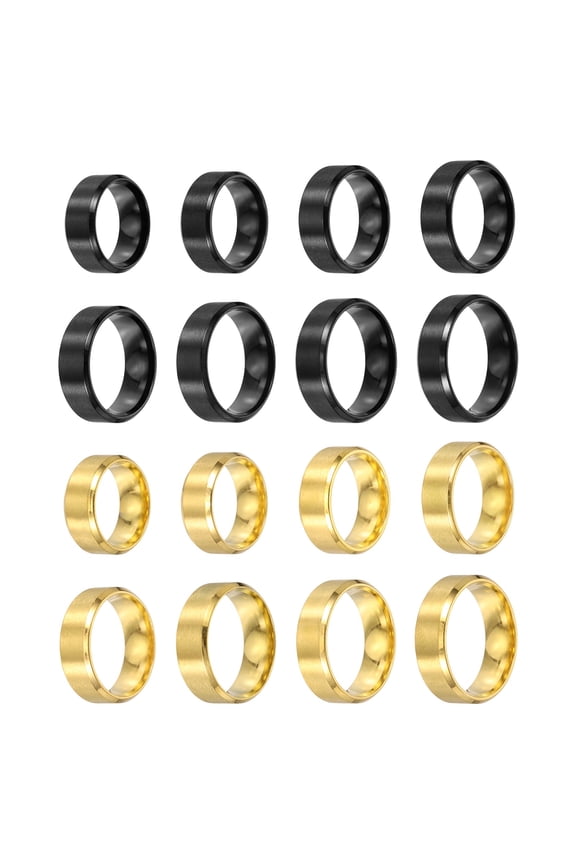 16 Pcs Stainless Steel Ring, 8 mm Plain Ring Blanks Size 6/7/8/9/10/11/12/13 Matte Brushed Wedding Bends for Men Women, Gold/Black