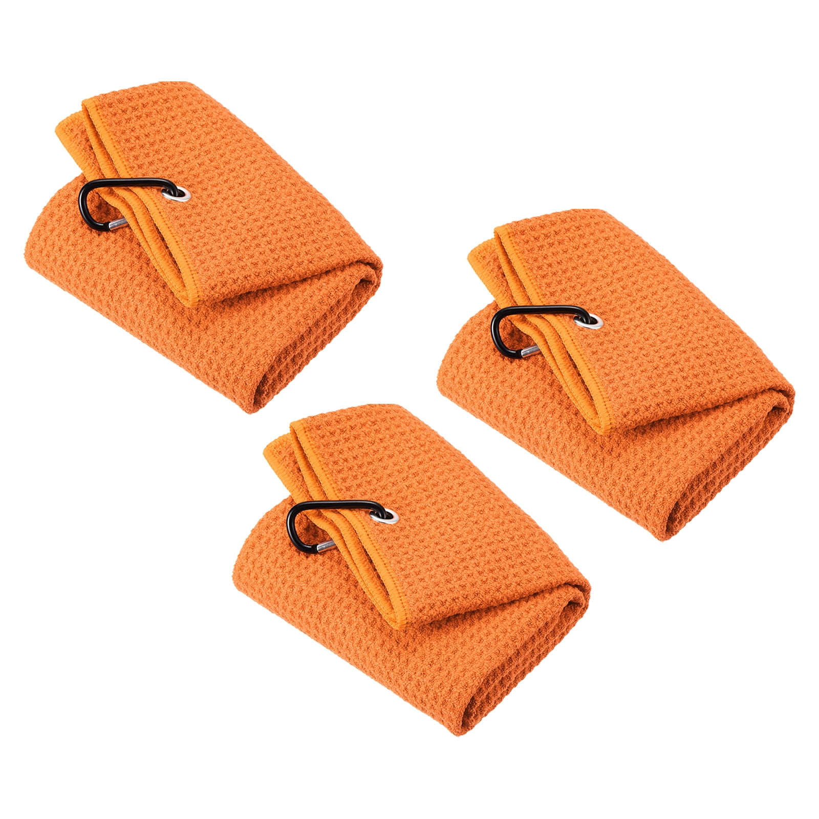 Uxcell 16"x16" Golf Towels Tri Fold Waffle Pattern Towels Soft Fiber with D Clip Orange 3 Pack