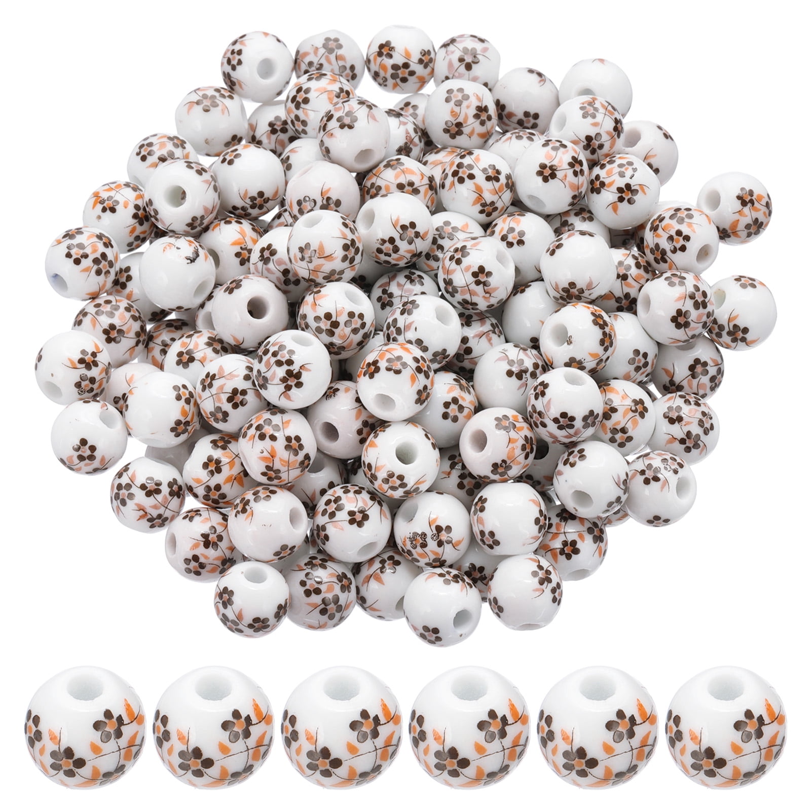 Uxcell 160 Pcs Porcelain Beads, 10mm Printed Ceramic Beads Round Flower Beads Handmade Spacer Beads for Jewelry Making Earring Necklace DIY Crafts, Brown