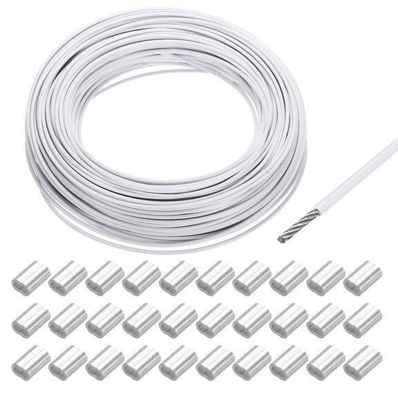 Uxcell 164Ft Wire Rope 304 Stainless Steel Cable 5/64" Vinyl Coated with 30Pcs Aluminum Sleeves White