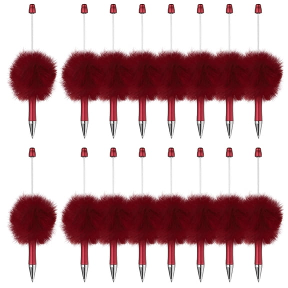 Uxcell 16Pcs Fluffy Beadable Pens, Plush Fuzzy Plastic Bead Pen Bead Ballpoint for DIY Gift Writing Office Supplies, Wine Red