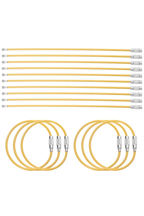 16pcs Wire Keychain Cable 6" Plastic Coated 2mm Stainless Steel Key Ring Cable Loop Rings Yellow