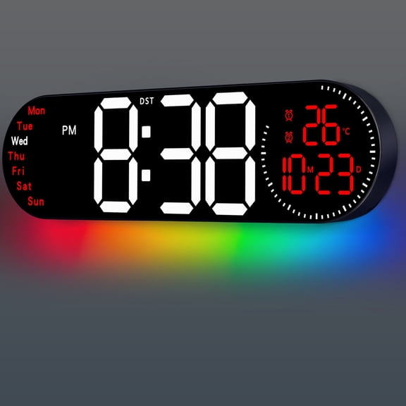 Uxcell 17.2" Large Digital Wall Clock with 9 Color Changing Remote Control, Date Week Temperature, Auto Brightness Dimmer Big Clock Night Lights, Red