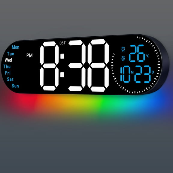 Uxcell 17.2" Large Digital Wall Clock with 9 Color Changing Remote Control, Date Week Temperature, Auto Brightness Dimmer Big Clock Night Lights, Blue