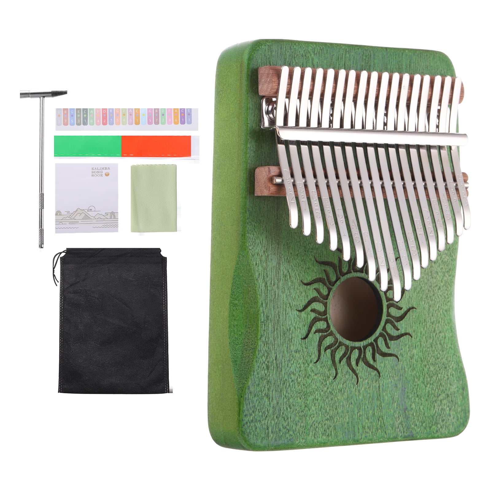 Uxcell 17 Keys Thumb Piano, Green Mini Portable Finger Piano Maple Wood Sun Pattern with Protective Bag, Tune Hammer