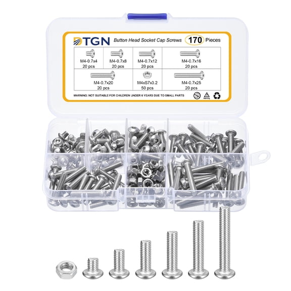 Uxcell 170Pack M4-0.7x4/8/12/16/20/25mm Button Head Socket Cap Screws - 304 Stainless Steel Bolt Nut Set Washer Assortment Kit - Good for Road Bicycle, Mountain Bike, Auto