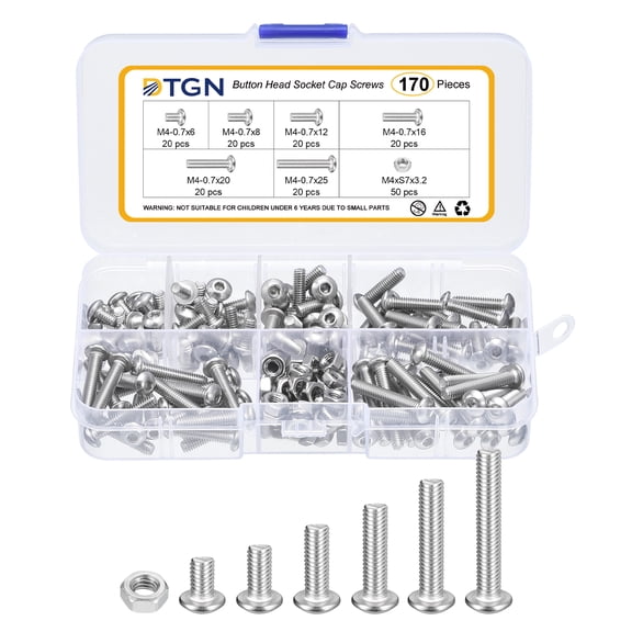 Uxcell 170Pack M4-0.7x6/8/12/16/20/25mm Button Head Socket Cap Screws - 304 Stainless Steel Bolt Nut Set Washer Assortment Kit - Good for Road Bicycle, Mountain Bike, Auto