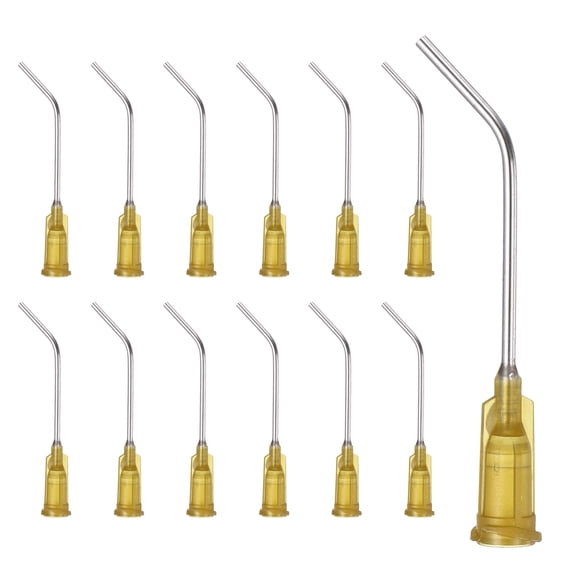 Uxcell 17Ga Angled Dispensing Needles, 25Pcs 1.5Inch 45 Curved Industrial Blunt Tip Dispensing Needle Tips with Luer Lock Needle for Refilling Liquid Inks Adhesive Glue Oil, Dark Yellow