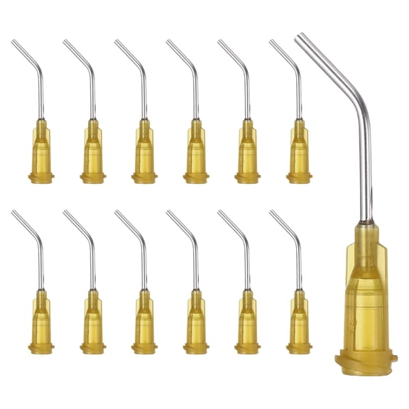 Uxcell 17Ga Angled Dispensing Needles, 25Pcs 1Inch 45 Curved Industrial Blunt Tip Dispensing Needle Tips with Luer Lock Needle for Refilling Liquid Inks Adhesive Glue Oil, Dark Yellow