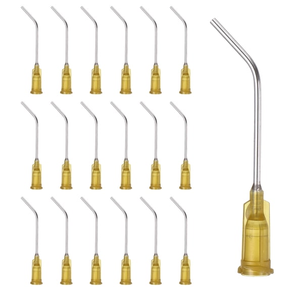 Uxcell 17Ga Angled Dispensing Needles, 66Pcs 1.5Inch 45 Curved Industrial Blunt Tip Dispensing Needle Tips with Luer Lock Needle for Refilling Liquid Inks Adhesive Glue Oil, Dark Yellow