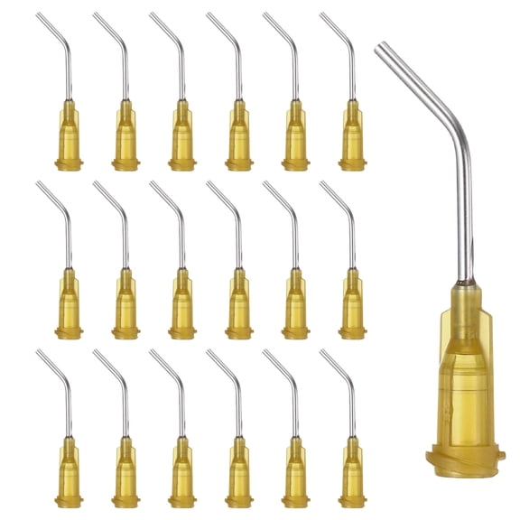 Uxcell 17Ga Angled Dispensing Needles, 66Pcs 1Inch 45 Curved Industrial Blunt Tip Dispensing Needle Tips with Luer Lock Needle for Refilling Liquid Inks Adhesive Glue Oil, Dark Yellow