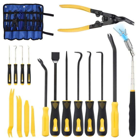 Uxcell 17Pcs Hook and Pick, Rotary Head Magnetic Pickup Tool Clip Pliers Plastic Pry Pieces Large Small Hook Pry Bar Gasket Scraper for Remove Hoses Gaskets Car Panel Fastener, Yellow