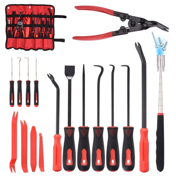Uxcell 17Pcs Hook and Pick, Straight Head Magnetic Pickup Tool Clip Pliers Plastic Pry Pieces Large Small Hook Pry Bar Gasket Scraper for Remove Hoses Gaskets Car Panel Fastener, Red