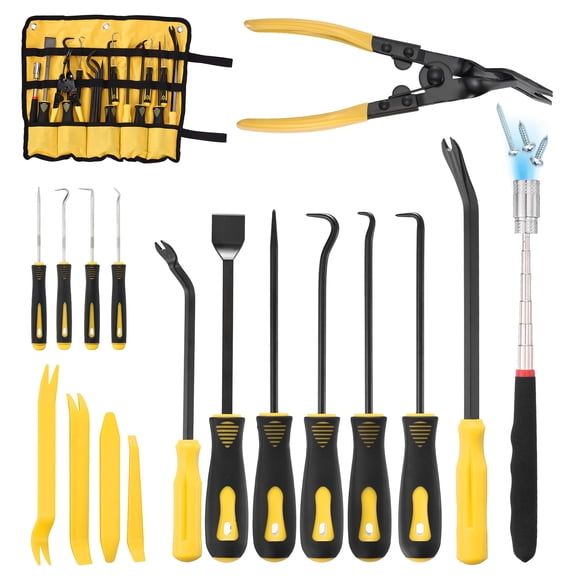 Uxcell 17Pcs Hook and Pick, Straight Head Magnetic Pickup Tool Clip Pliers Plastic Pry Pieces Large Small Hook Pry Bar Gasket Scraper for Remove Hoses Gaskets Car Panel Fastener, Yellow