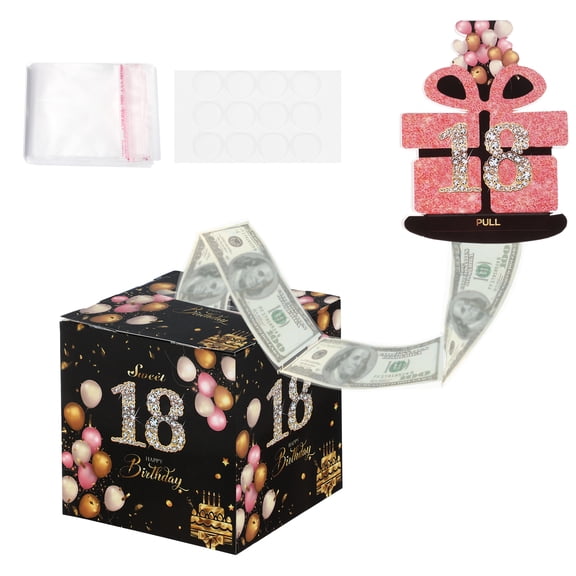 Uxcell 18 Birthday Money Box for Cash Gift, Birthday Money Pull Box with 50Pcs Transparent Bags for Birthday Surprise Card Party Decorations Women Girl Best Friend, Black