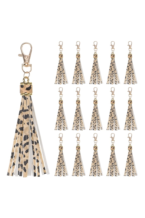 18-Pack PU Leather Tassel 5.9 Inch Small Keychain Tassel Leopard Print with Rings for DIY Crafts