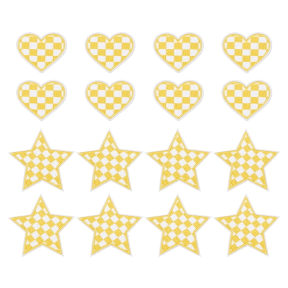 Uxcell 18 Pcs Heart Star Checkered Iron on Patches Embroidered Appliques Sew on Patches for Jacket Denim Collection Clothes Dress Hats Jeans DIY Accessory, Yellow/White