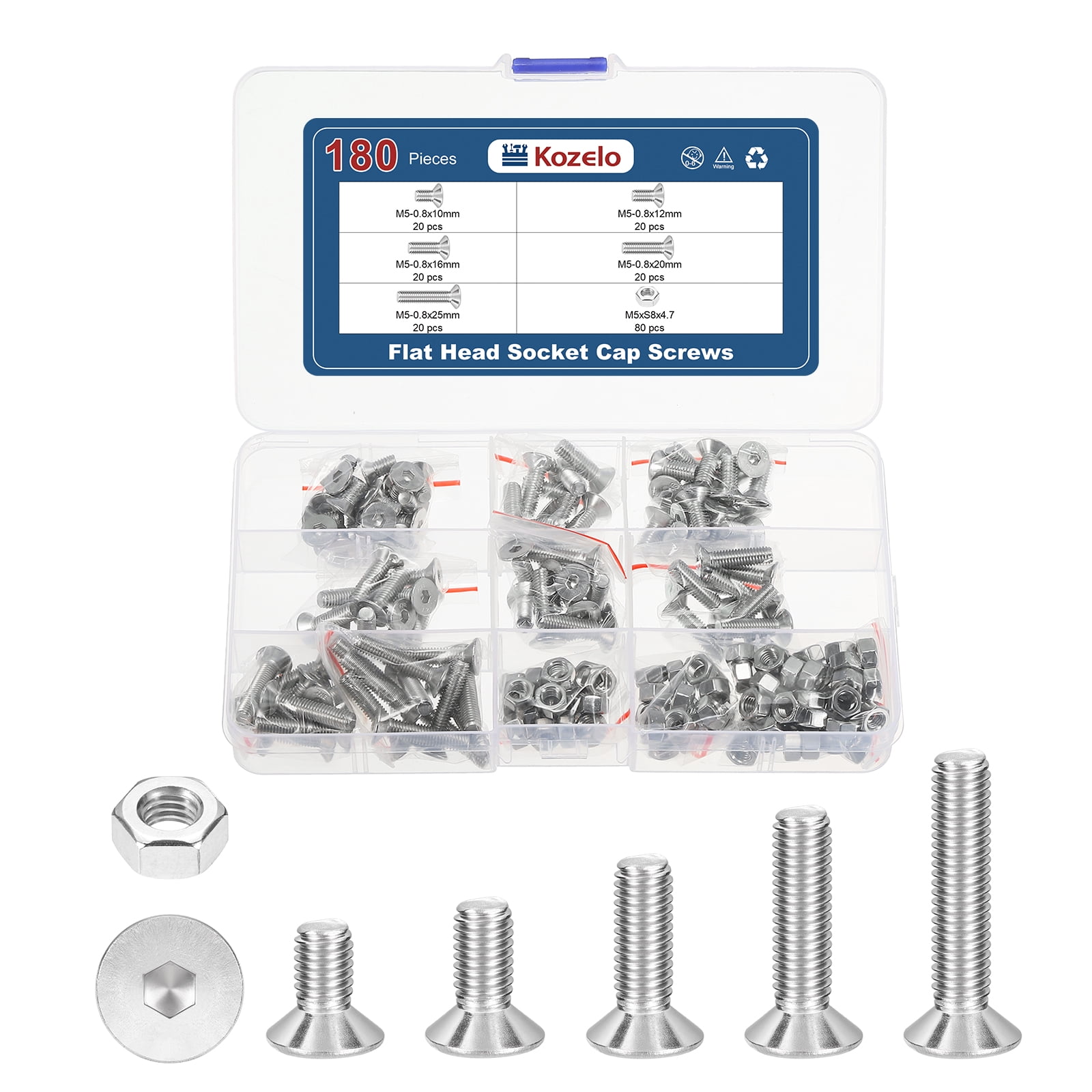 Uxcell 180Pcs Hex Nuts - [M5x0.8x10/12/16/20/25], 304 Stainless Steel 18-8 Countersunk Bolt, Silver, for Automotive, Furniture Repair, Industrial Equipment Fixes
