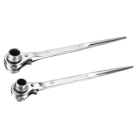 Uxcell 19 x 22mm & 17 x 19mm 12-Point Scaffold Podger Ratchet Spanner Ratcheting Socket Wrench Tool (Silver Tone)