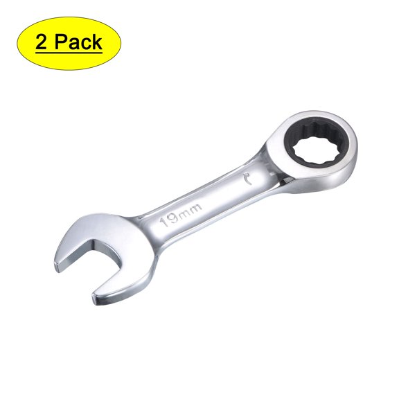 Uxcell 19mm Stubby Ratcheting Combination Wrench Metric 72 Teeth 12 Point Box Ended Tools, CR-V 2 Pack
