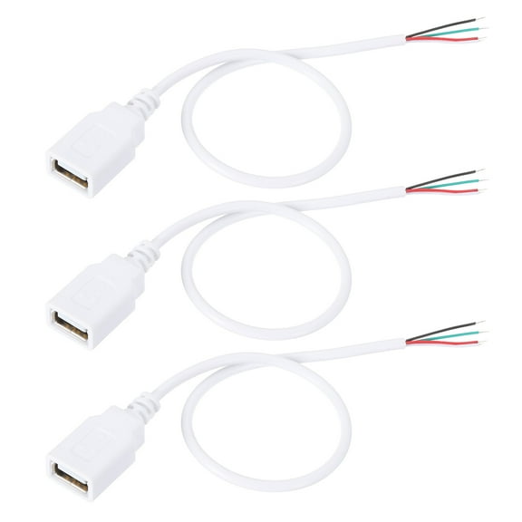 Uxcell 1Ft USB 2.0 Female to 4 Pin Bare Wire Pigtail Cable, 3pcs 28AWG Data Power Cords Extension, White