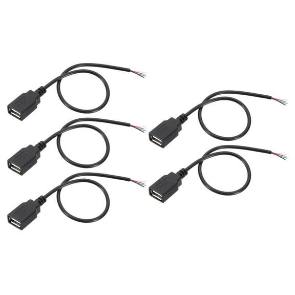 Uxcell 1Ft USB 2.0 Female to 4 Pin Bare Wire Pigtail Cable 5 Pcs 28AWG Data Power Cords Extension Black