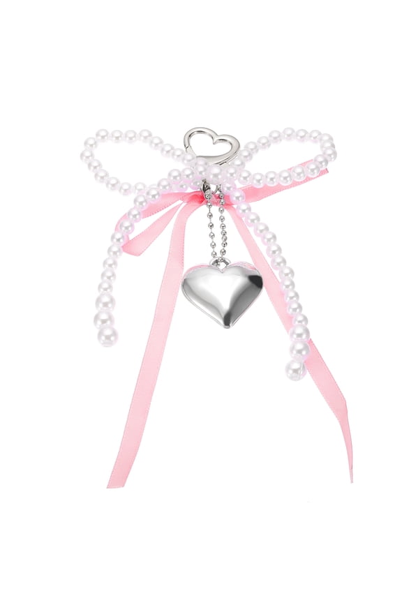 1Pc Pearl Bow Keychain, Keychain Accessories with Plaid Ribbon, Pink