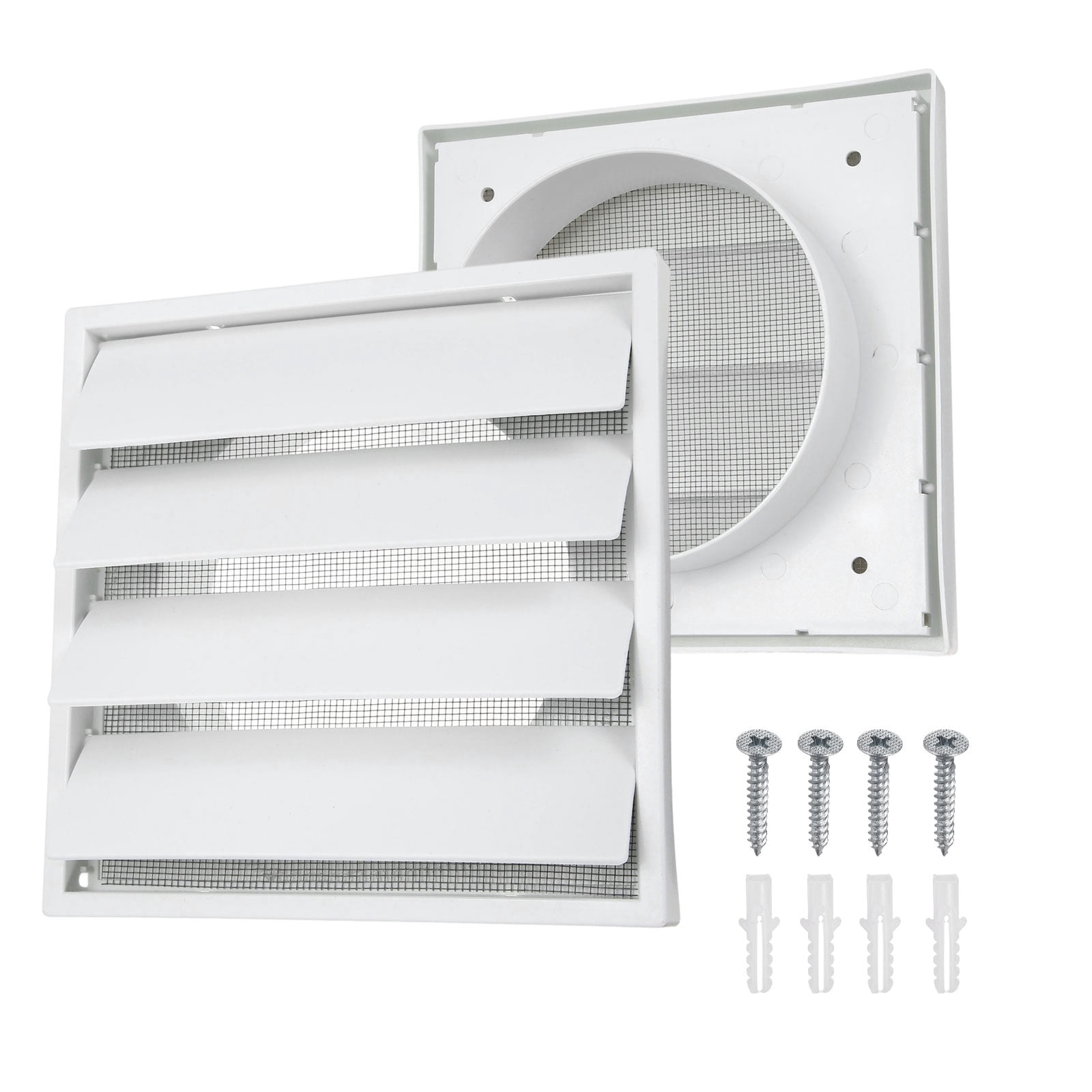 Uxcell 1Set Louvered Exhaust Vent Cover (5" Opening, 6.9"L x 6.9"W) - Air Wall Vent with Dustproof Mesh, Plastic Exhaust Ventilation Grille for Kitchen/Bathroom/Garage, White