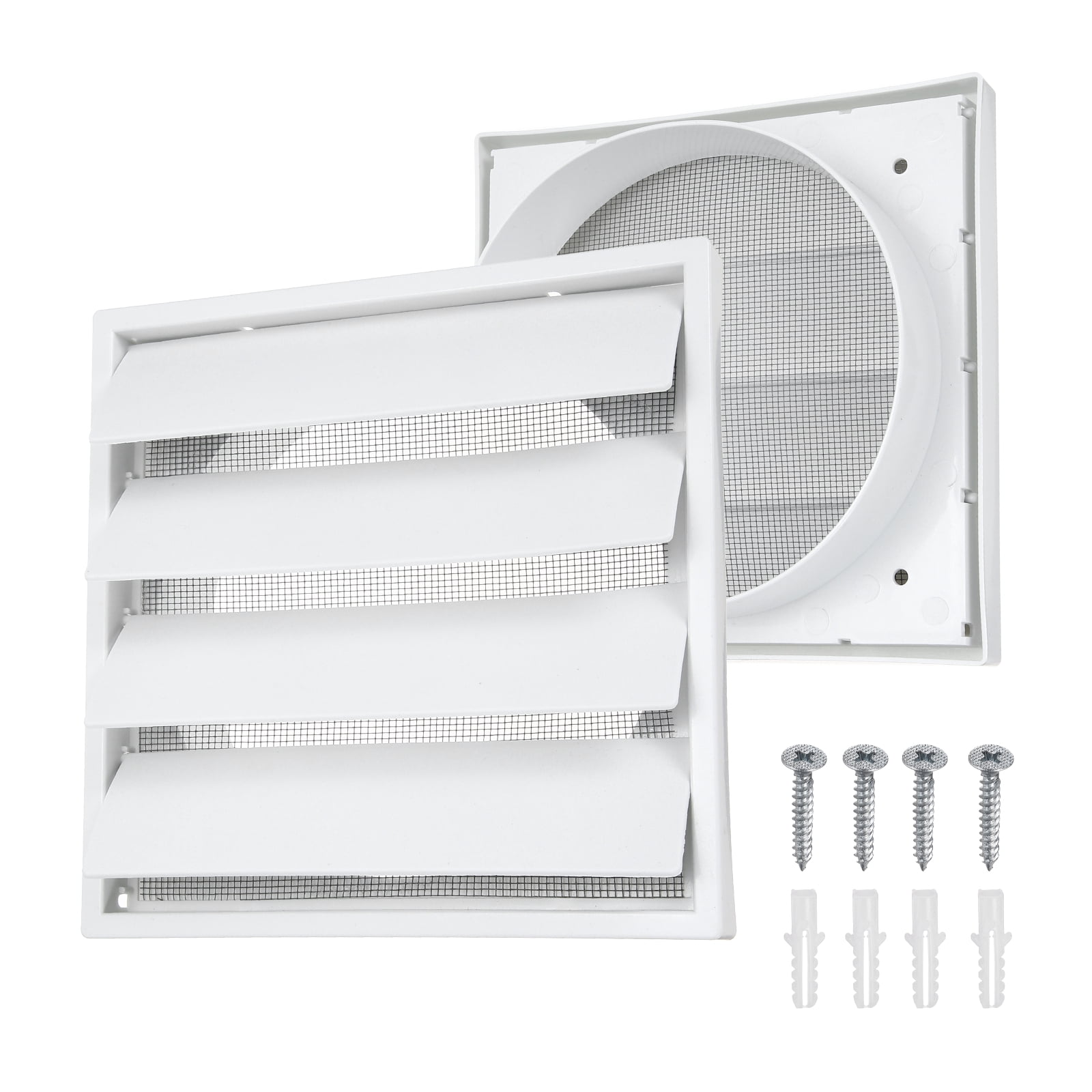 Uxcell 1Set Louvered Exhaust Vent Cover (6" Opening, 6.9"L x 6.9"W) - Air Wall Vent with Dustproof Mesh, Plastic Exhaust Ventilation Grille for Kitchen/Bathroom/Garage, White