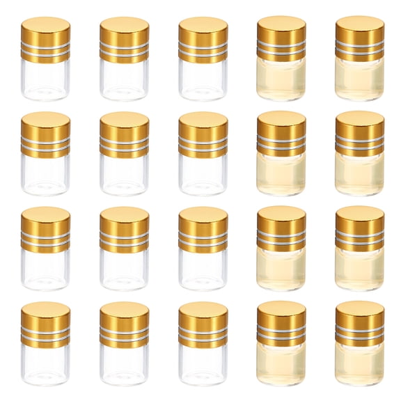 Uxcell 0.8 x 0.6'' Mini Borosilicate Glass Bottles Vials Aluminum Screw Cap 1 mL 20 Pcs Golden