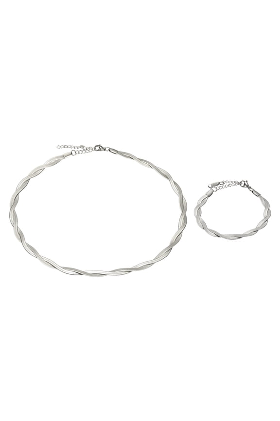 1set Snake Chain Necklace, 16"+2" Braided Chain with Bracelet, Silver